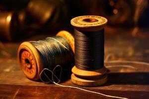 Sewing thread on an old wooden spool in vintage style. photo