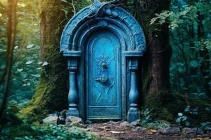 Blue fantasy ancient door in the park. Generative AI photo