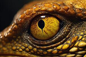 Close up of the yellow eye of a scaly reptile. Generative AI photo