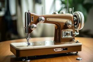 Classic retro style manual sewing machine. Generative AI photo