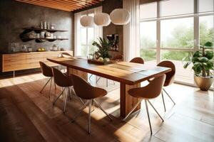 Interior design of modern dining room, wooden table and brown chairs. Generative AI photo