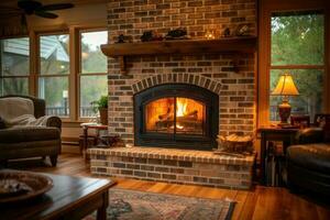 Spacious room and brick fireplace. Generative AI photo