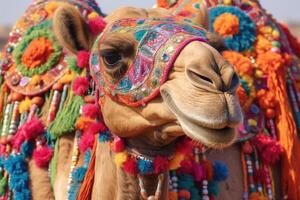 Beautiful decorated camel smiling. Generative AI photo