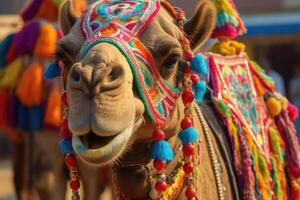 Beautiful decorated camel smiling. photo