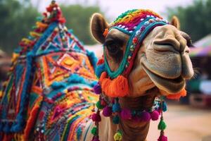 Beautiful decorated camel smiling. photo