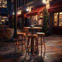 Bar tables and chairs are on the street. Generative AI photo