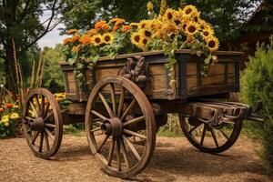 Carriage with wooden wheels as decoration for flowers. Generative AI photo