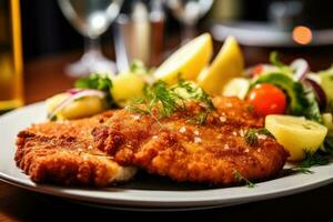 Schnitzel with potatoes and vegetables. Generative AI photo