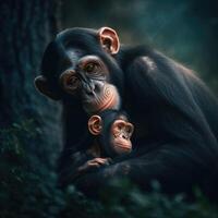 Chimpanzee mother with her little baby. Generative AI photo