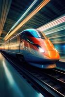 Train passing by with long exposure trails of light and dynamic movement, creating a sense of speed and motion. photo