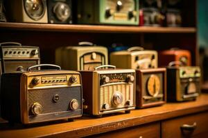 A variety of vintage table top retro radios. Generative AI photo