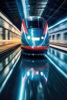 Train passing by with long exposure trails of light and dynamic movement, creating a sense of speed and motion. photo