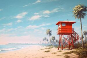 Beach with palm tree and life guard tower by the sea. photo