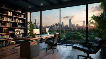 Modern office with a view of the city. Generative AI photo