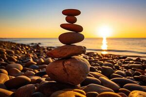 Balanced rock pyramid on sea pebbles beach, sunny day. Generative AI photo