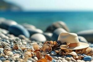 Straw hat and on beach sand beside starfish and seashells in sunlight. Generative AI photo