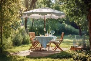 Cafe table with chair and parasol umbrella in the garden. Generative AI photo