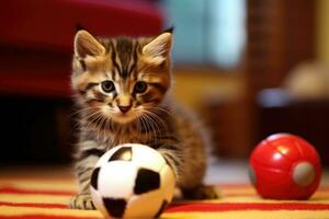 Domestic kitten plays with ball. Generative AI photo