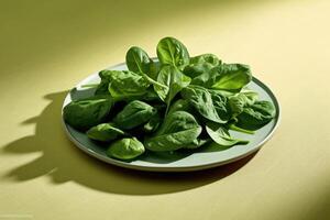 Fresh raw spinach on a plate. photo