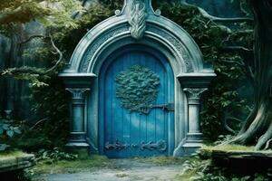 Blue fantasy ancient door in the park. Generative AI photo