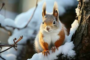 The squirrel sits on tree in the winter. Generative AI photo