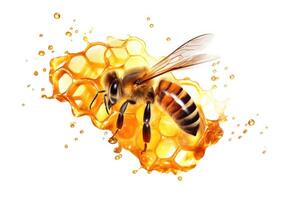 Close-up bee on honey comb with honey, isolated on transparent background cutout. photo