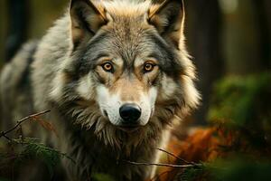 grande masculino gris lobo. generativo ai foto