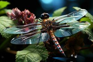 Colorful dragonfly sits on a plant in nature. Generative AI photo