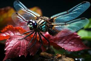 Colorful dragonfly sits on a plant in nature. Generative AI photo