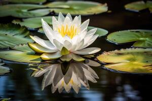 Lotus or white water lily in garden pond. Generative AI photo