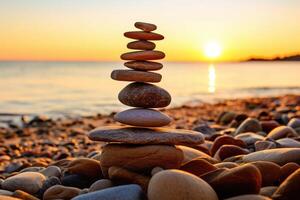 Balanced rock pyramid on sea pebbles beach, sunny day. Generative AI photo