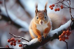 The squirrel sits on tree in the winter. Generative AI photo