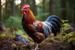 Domestic rooster on a natural farm. Generative AI photo