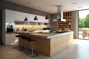 Luxury interior design of modern white kitchen. Generative AI photo