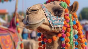 Beautiful decorated camel smiling. photo