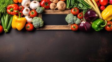 Empty frame in the middle of different vegetables lying on the table. photo