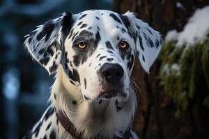 Beautiful Dalmatian dog in a snowy forest. Generative AI photo