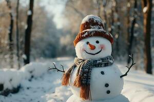 Smiling snowman. Generative AI photo