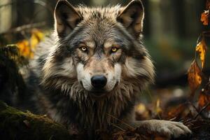 A large male gray wolf in the forest. Generative AI photo