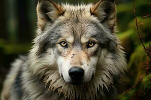 A large male gray wolf in the forest. Generative AI photo