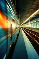 Train passing by with long exposure trails of light and dynamic movement, creating a sense of speed and motion. photo