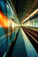 Train passing by with long exposure trails of light and dynamic movement, creating a sense of speed and motion. Generative AI photo