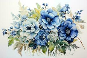 Botanical blue flower watercolor bouquet elegance blooming. Generative AI photo