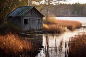 Old shack by the lake. Generative AI photo