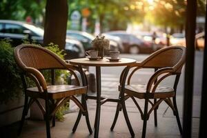 mimbre sillas y un metal mesa en un al aire libre verano cafetería. generativo ai foto