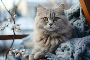 un gris gato se sienta al aire libre en escarchado invierno. generativo ai foto