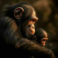 Chimpanzee mother with her little baby. Generative AI photo