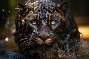 Majestic panther runs on water. Generative AI photo