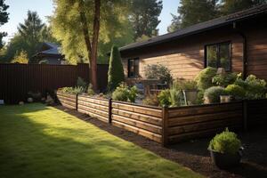 Wooden fence with green lawn. photo