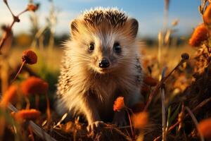 Baby hedgehog in spring green grass with flowers. Generative AI photo